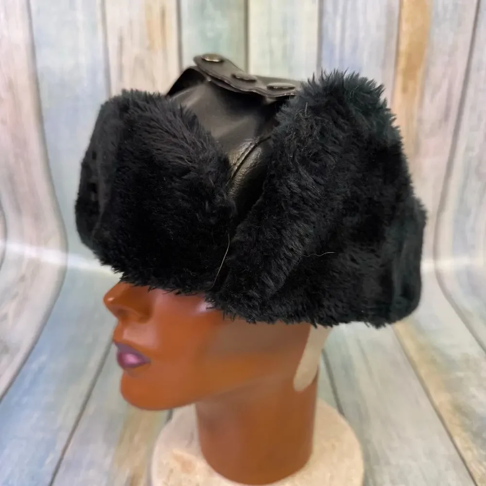 Black Leather Vintage Trooper Hat Made in Korea Cousin Eddie Ear Flap Aviator